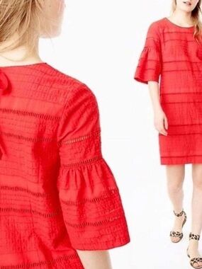 J. Crew Red Eyelet Mini Shift Dress w/ Short Bell Sleeves and Back Tie Size 8